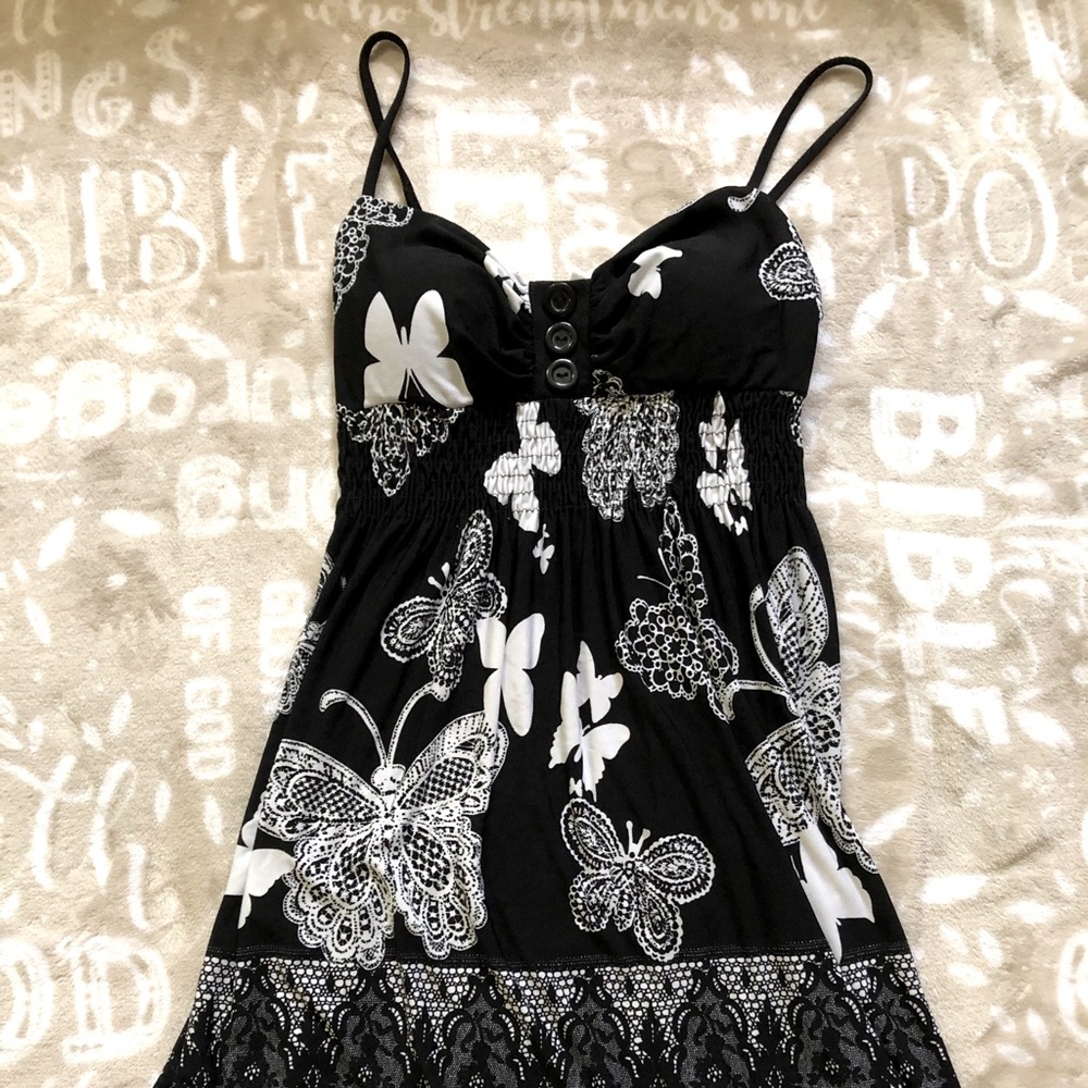 Black and white butterfly print summer dress.